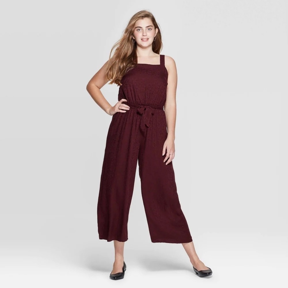 Xhilaration Women's Square Neck Sleeveless Tie Front Cropped Jumpsuit - Burgundy
